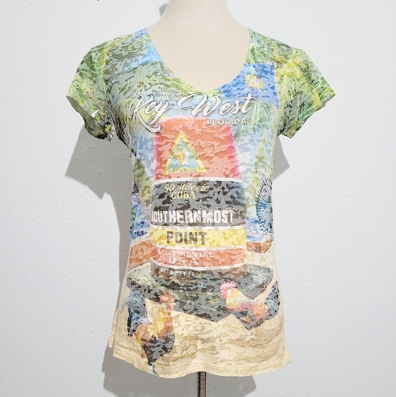 planet t's Tops - KEY WEST Florida Women's Burnout T-shirt 100% Cotton Made In USA Size Large